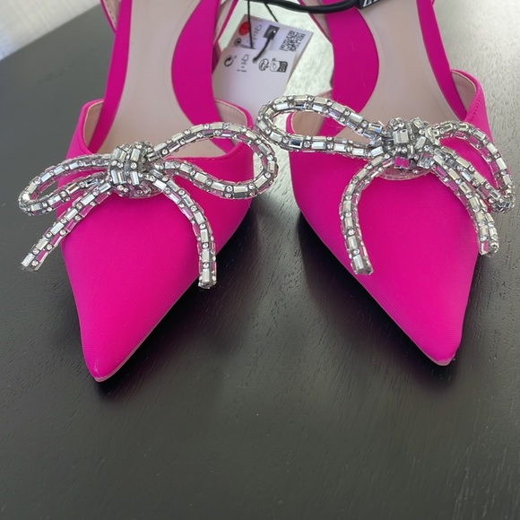 Women’s Zara Pink Slingback Heel Satin Effect Rhinestone Bow Shoes US 6 - Picture 9 of 11